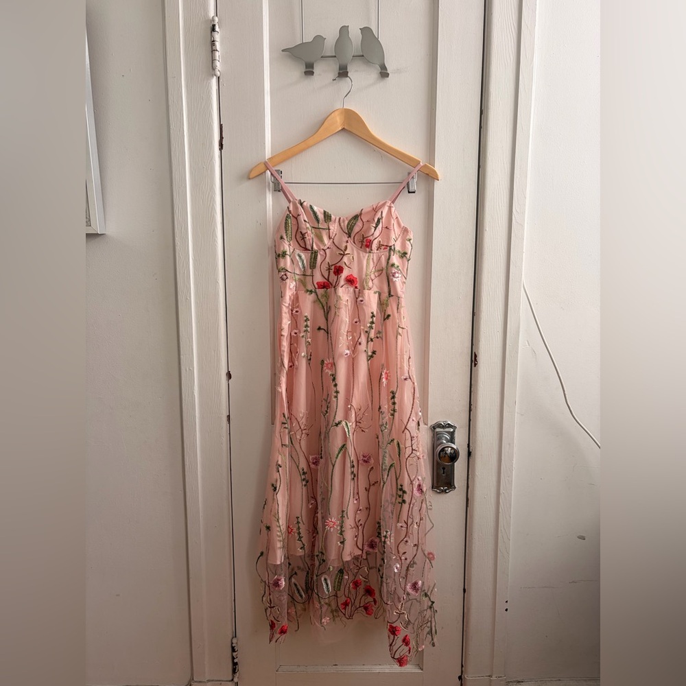 Cider - Spaghetti Strap Midi Dress with Embroidered Floral Motif